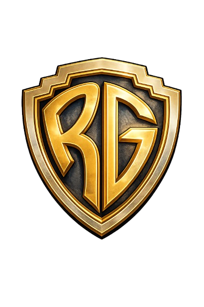 Logotipo em formato de escudo dourado tridimensional, com fundo cinza escuro texturizado e as letras estilizadas 'RG' centralizadas em relevo dourado, sobre fundo branco.